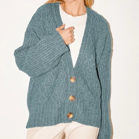 Free People Sweaters - Free People Molly Teal Multi Cable Knit Cardigan Sweater